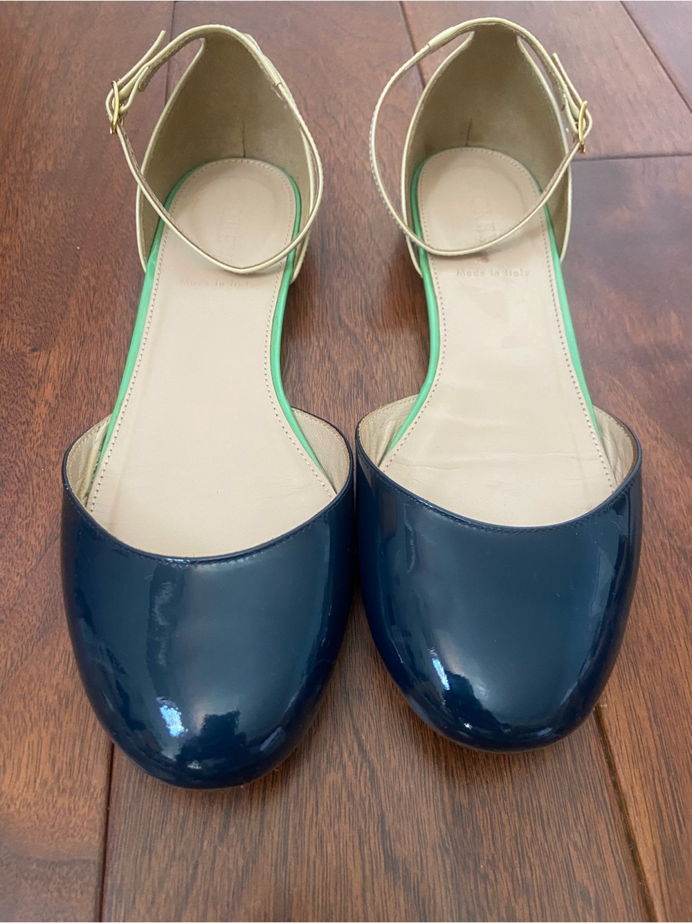 J. Crew Navy Patent D'Orsay Flats with Cream Ankle Strap